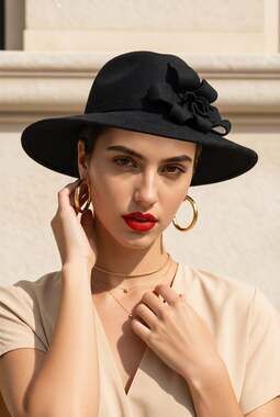 Amanda Smith Black Felt Wide Brim Floral Accent Hat